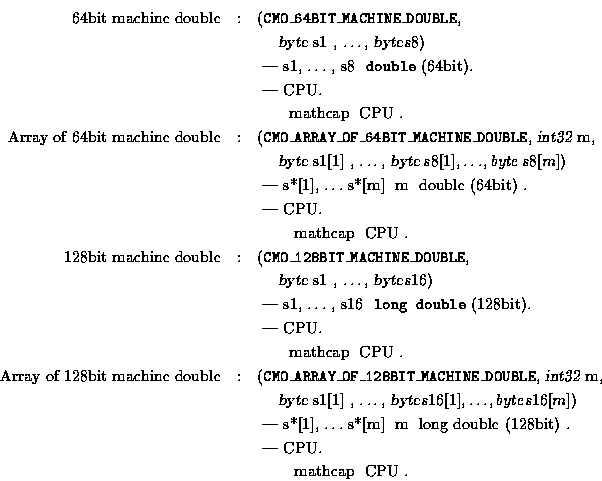 \begin{eqnarray*}\mbox{64bit machine double} &:&
\mbox{({\tt CMO\_64BIT\_MACHIN...
....}\\
& & \mbox{ \quad\quad mathcap $B$K(B CPU $B>pJs$rIU2C$7$F$*$/(B.}
\end{eqnarray*}