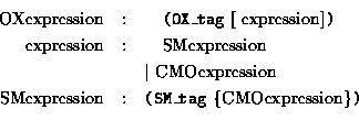 \begin{eqnarray*}\mbox{OXexpression}
&:& \quad
\mbox{\tt (} \mbox{\tt OX\_tag} ...
...\mbox{\tt SM\_tag} \
\{ \mbox{CMOexpression} \} \mbox{\tt )}\\
\end{eqnarray*}