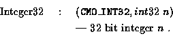 \begin{eqnarray*}\mbox{Integer32} \ &:& \ ({\tt CMO\_INT32}, {\sl int32}\ n) \\
& & \ \mbox{--- 32 bit integer $n$\space $B$rI=$9(B. } \\
\end{eqnarray*}