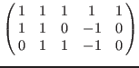 $\pmatrix{ 1&1&1&1&1 \cr
1&1&0&-1&0 \cr
0&1&1&-1&0 \cr}$